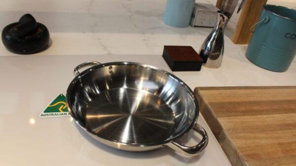 Stainless Satay Fry Pan - 28cm - Riveted Double Short Handles - Image 2